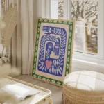 affiche avec illustration de mains yeux et feuilles bleus beiges et verts evoqua salon beige.webp