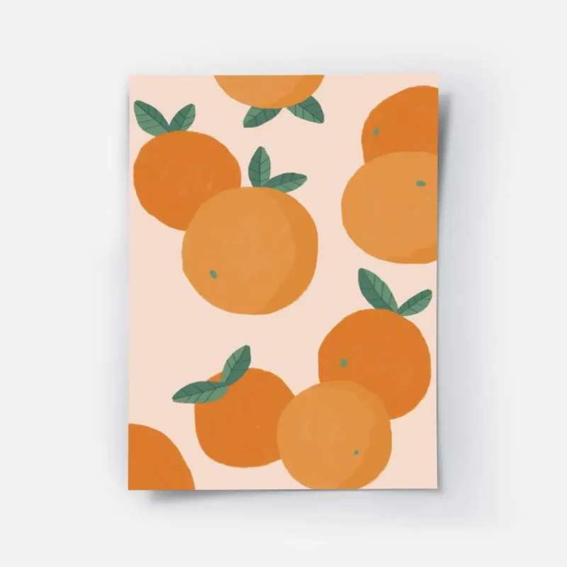 affiche avec illustration de plusieurs oranges et feuilles vertes sur fond clair.webp