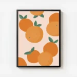 affiche avec illustration de plusieurs oranges et feuilles vertes sur fond clair avec cadre.webp