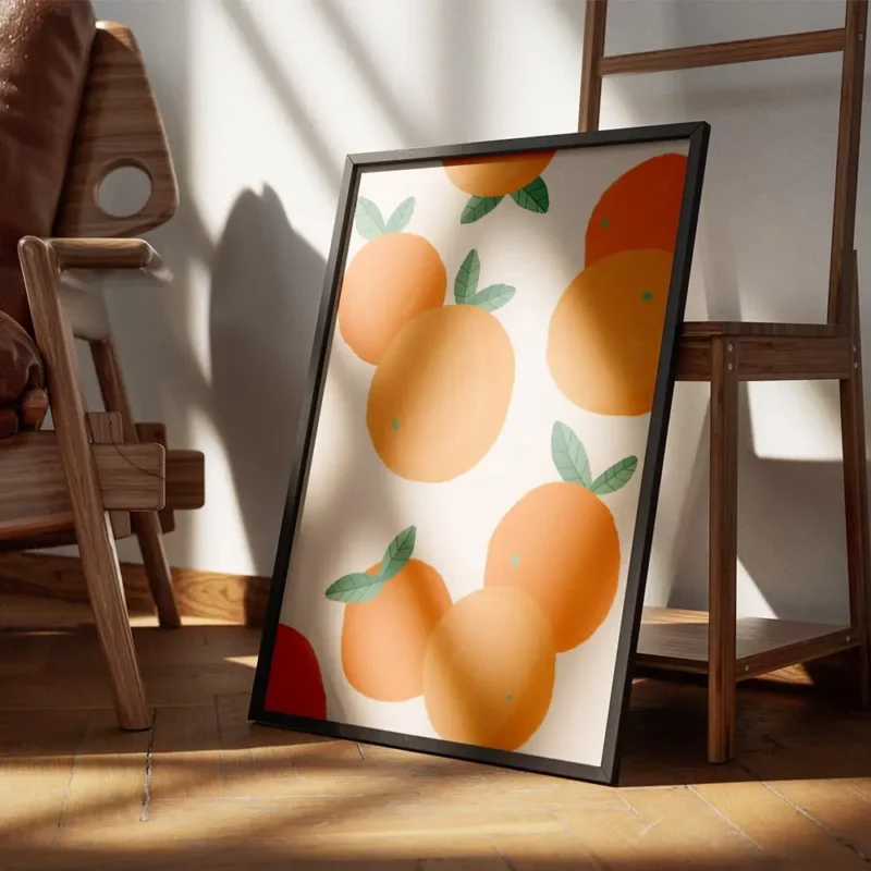 affiche avec illustration de plusieurs oranges et feuilles vertes sur fond clair encadre.webp