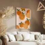 affiche avec illustration de plusieurs oranges et feuilles vertes sur fond clair salon.webp