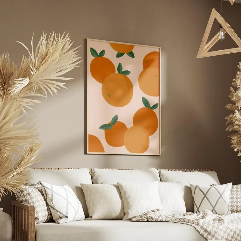 affiche avec illustration de plusieurs oranges et feuilles vertes sur fond clair salon.webp