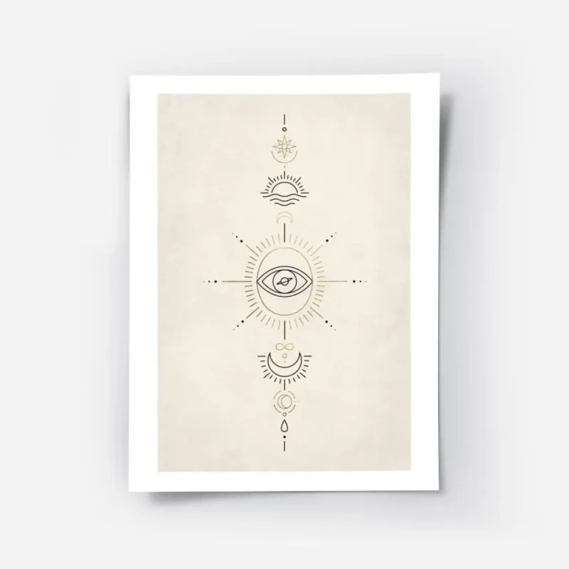 affiche avec illustration de signes spirituels il lune soleil en noir et dore su.webp