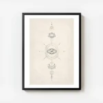 affiche avec illustration de signes spirituels il lune soleil en noir et dore su avec cadre.webp