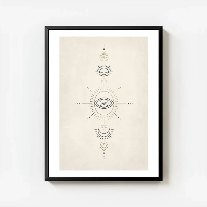 affiche avec illustration de signes spirituels il lune soleil en noir et dore su avec cadre.webp