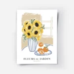 affiche avec illustration de tournesols dans un vase raye et doranges sur une as.webp