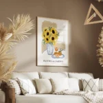 affiche avec illustration de tournesols dans un vase raye et doranges sur une as salon.webp