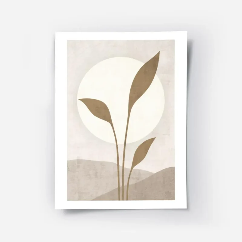 affiche avec illustration dun soleil blanc derriere des feuilles beiges sur un f.webp