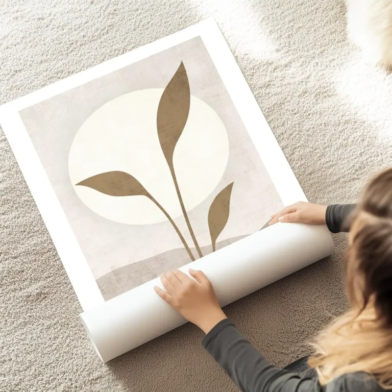 affiche avec illustration dun soleil blanc derriere des feuilles beiges sur un f au sol.webp