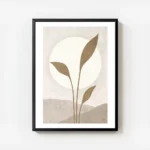 affiche avec illustration dun soleil blanc derriere des feuilles beiges sur un f avec cadre.webp