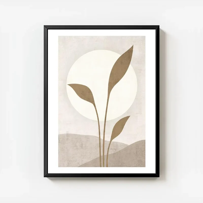 affiche avec illustration dun soleil blanc derriere des feuilles beiges sur un f avec cadre.webp