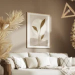 affiche avec illustration dun soleil blanc derriere des feuilles beiges sur un f salon.webp