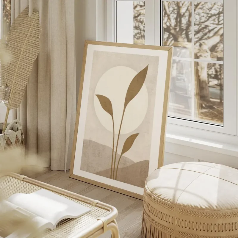 affiche avec illustration dun soleil blanc derriere des feuilles beiges sur un f salon beige.webp
