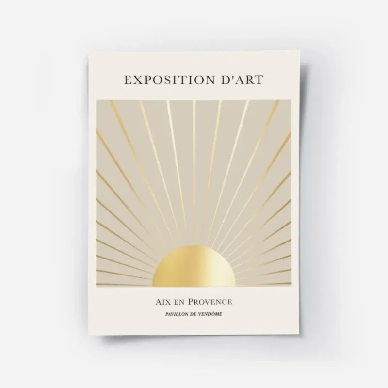 affiche avec illustration dun soleil dore et de ses rayons sur fond beige avec t.webp