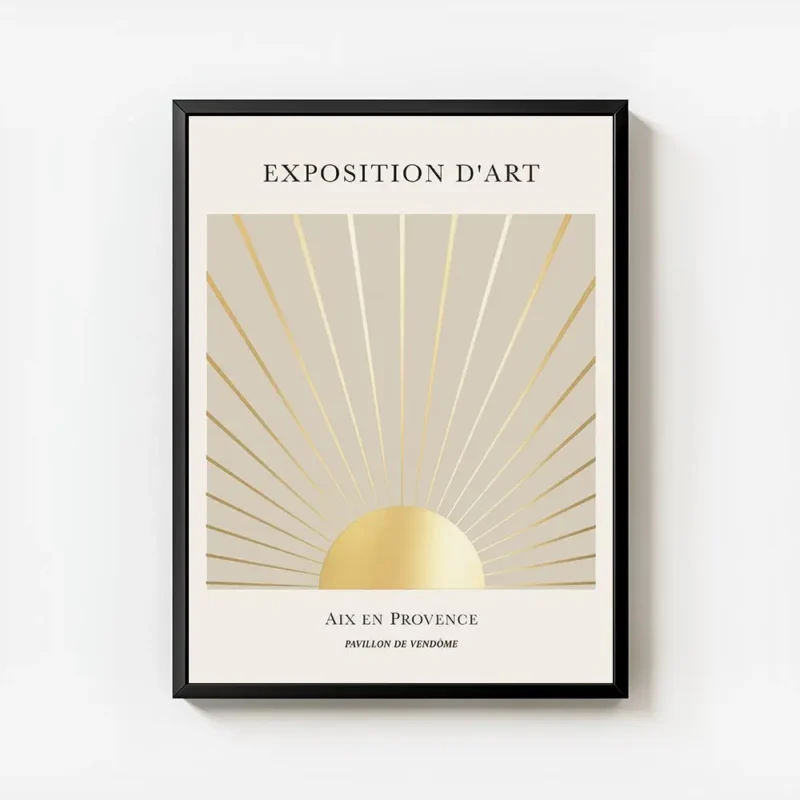 affiche avec illustration dun soleil dore et de ses rayons sur fond beige avec t avec cadre.webp