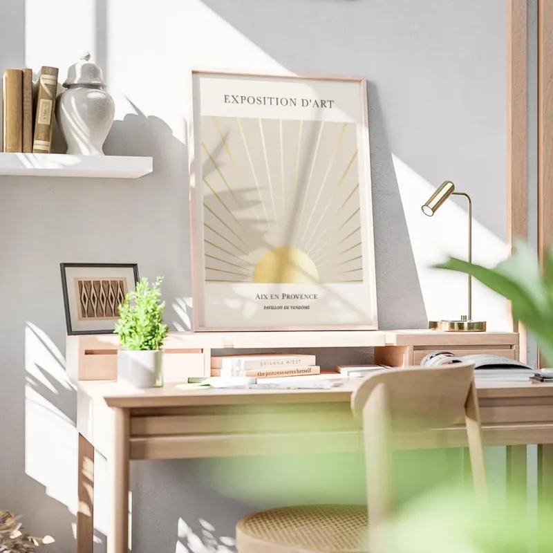 affiche avec illustration dun soleil dore et de ses rayons sur fond beige avec t bureau.webp