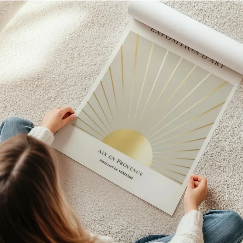 affiche avec illustration dun soleil dore et de ses rayons sur fond beige avec t en rouleau.webp
