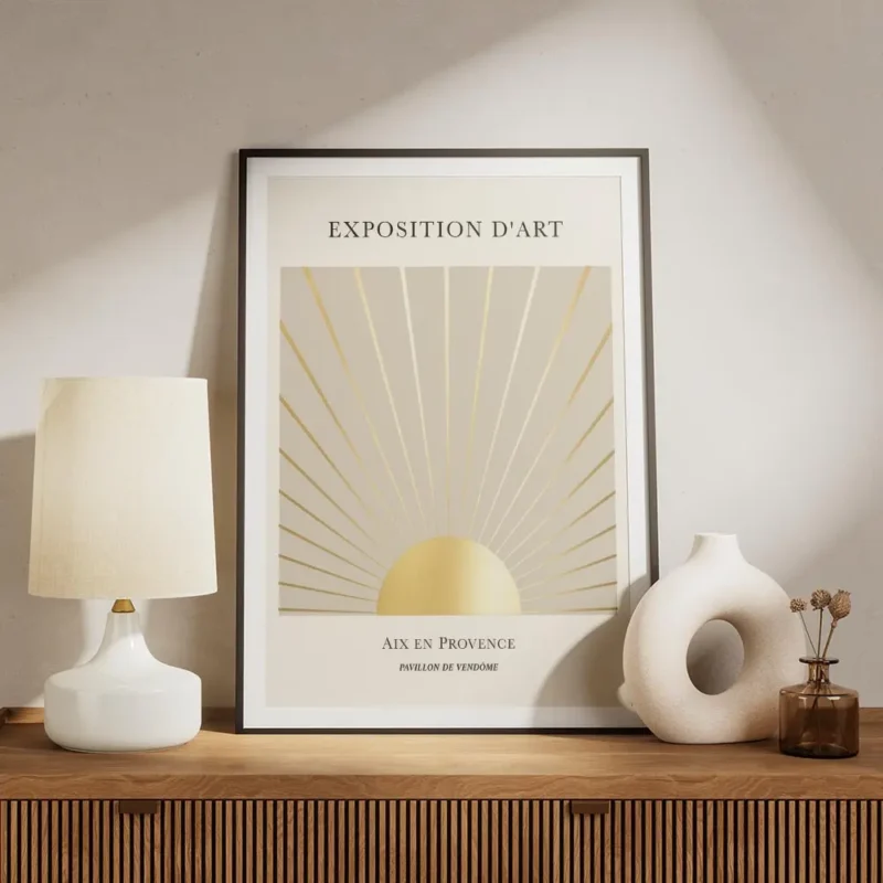 affiche avec illustration dun soleil dore et de ses rayons sur fond beige avec t meuble.webp