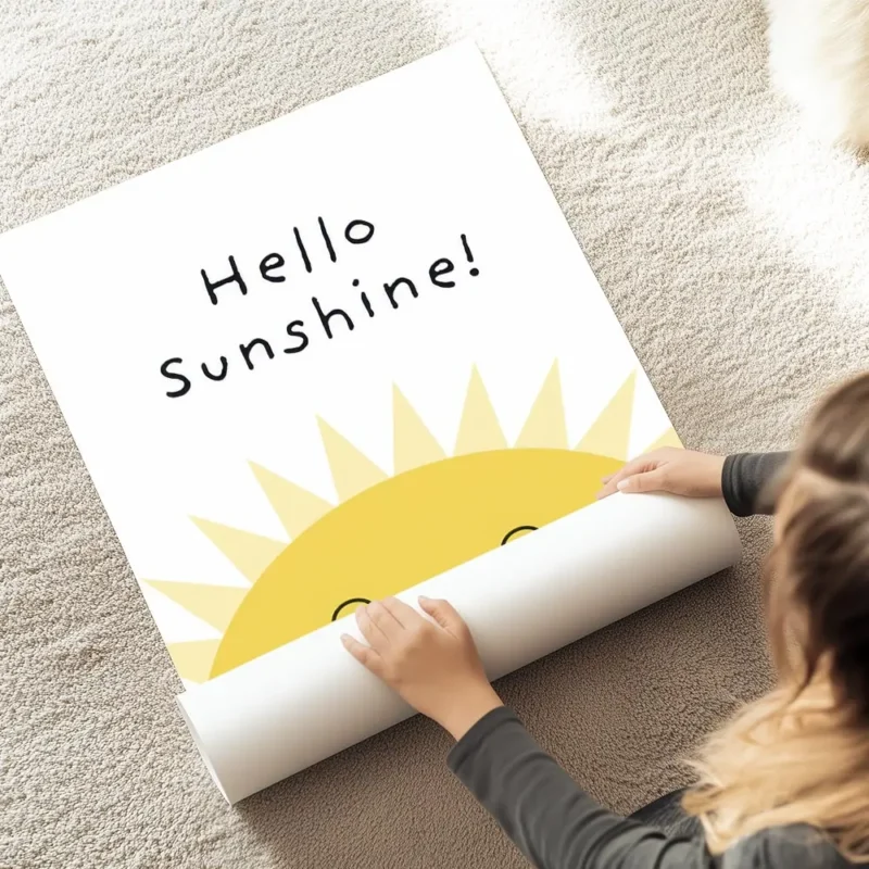 affiche avec illustration dun soleil jaune souriant et le texte hello sunshine e au sol.webp