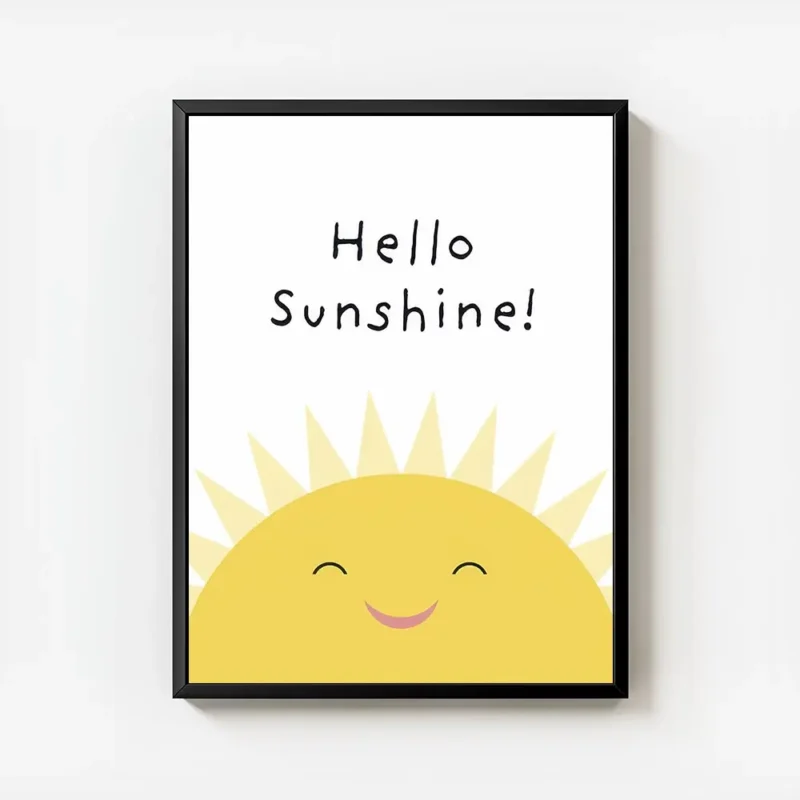 affiche avec illustration dun soleil jaune souriant et le texte hello sunshine e avec cadre.webp