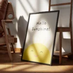 affiche avec illustration dun soleil jaune souriant et le texte hello sunshine e encadre.webp