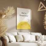 affiche avec illustration dun soleil jaune souriant et le texte hello sunshine e salon.webp