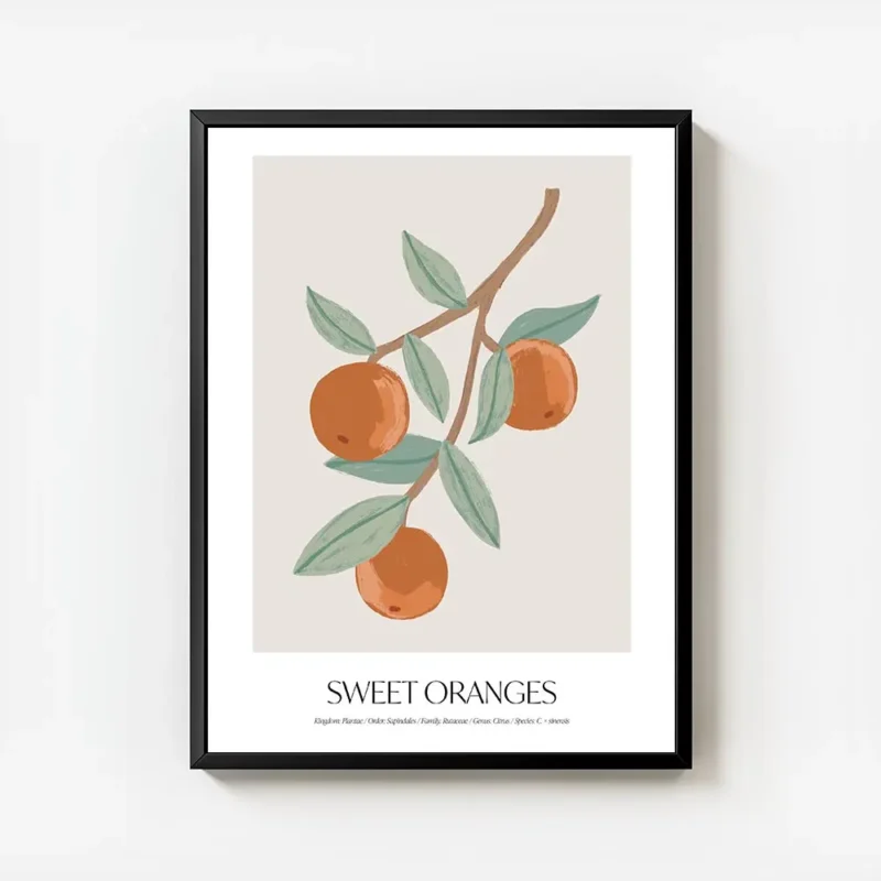 affiche avec illustration dune branche doranger portant des oranges et des feuil avec cadre.webp