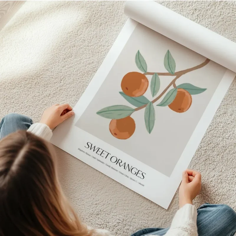 affiche avec illustration dune branche doranger portant des oranges et des feuil en rouleau.webp
