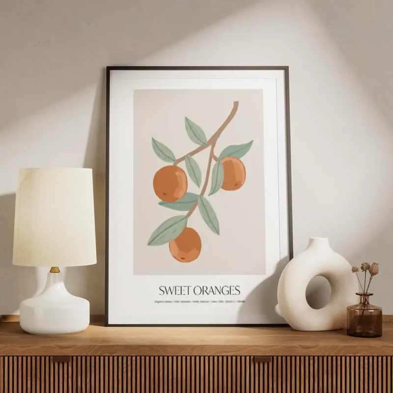 affiche avec illustration dune branche doranger portant des oranges et des feuil meuble.webp