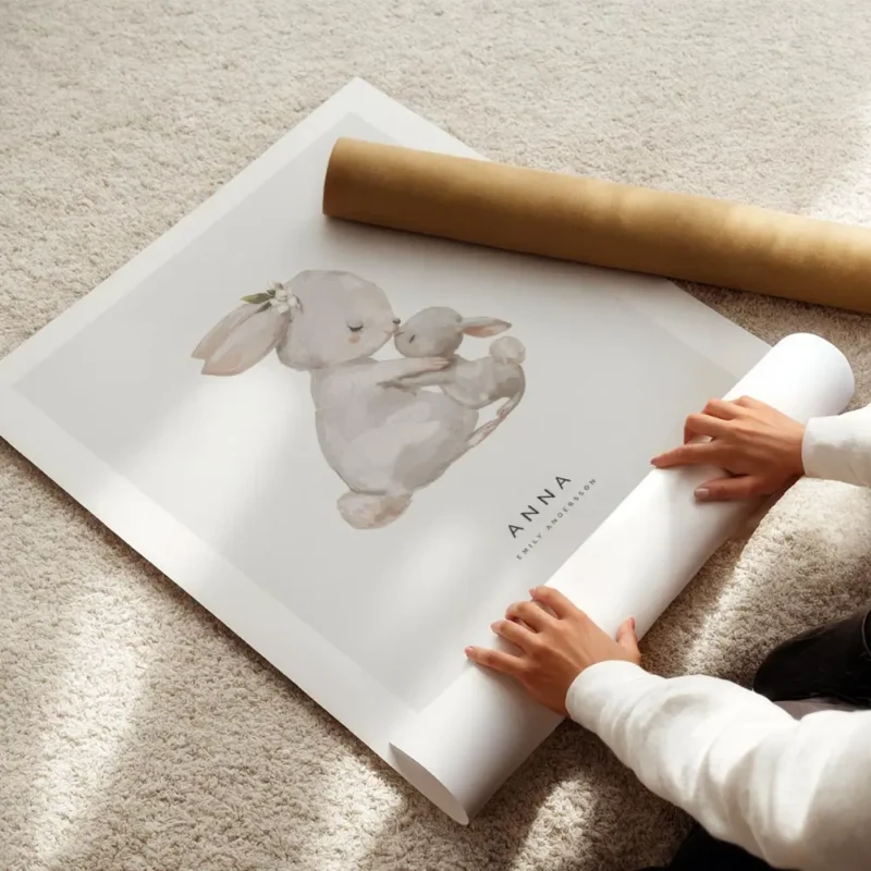affiche avec illustration dune lapine et son lapereau sur fond gris texte person enroule.webp