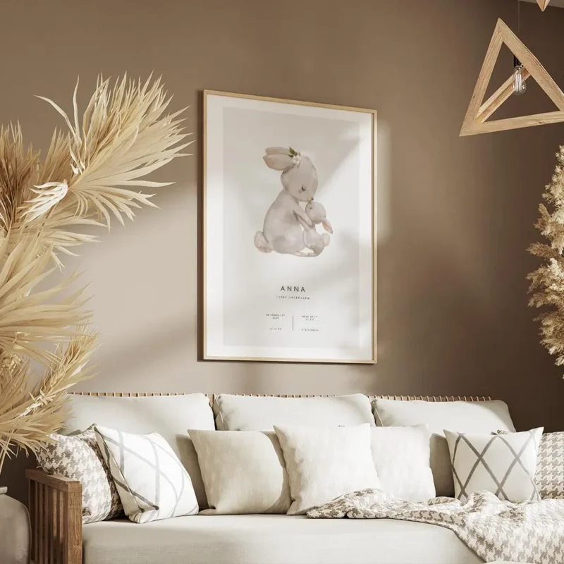 affiche avec illustration dune lapine et son lapereau sur fond gris texte person salon.webp