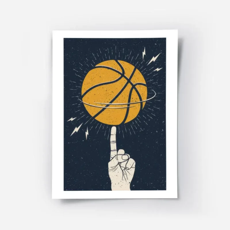 affiche avec illustration dune main faisant tourner un ballon de basket orange s.webp