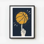 affiche avec illustration dune main faisant tourner un ballon de basket orange s avec cadre.webp