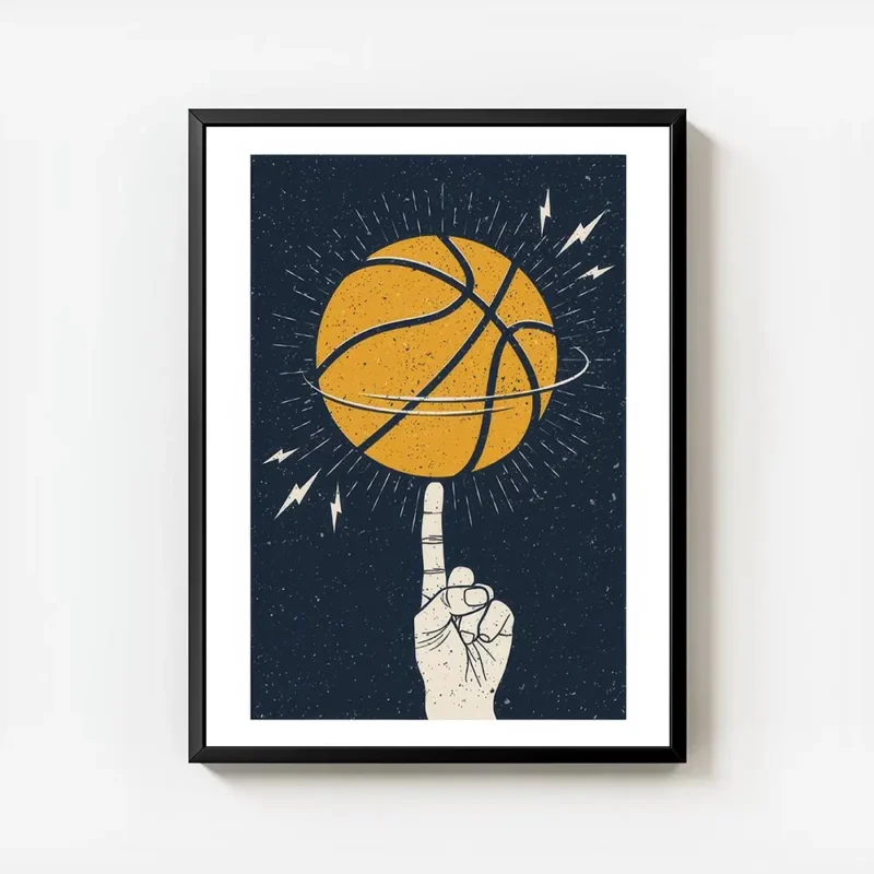 affiche avec illustration dune main faisant tourner un ballon de basket orange s avec cadre.webp