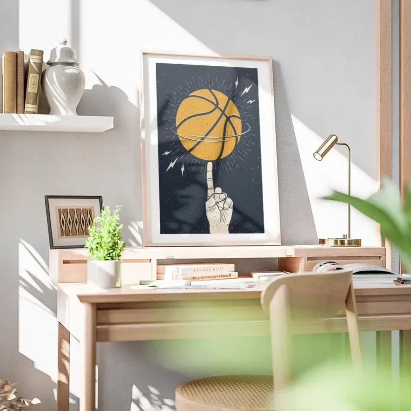 affiche avec illustration dune main faisant tourner un ballon de basket orange s bureau.webp