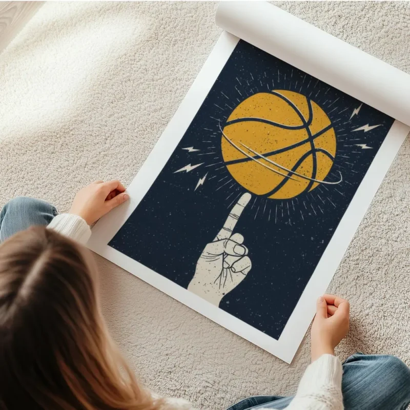 affiche avec illustration dune main faisant tourner un ballon de basket orange s en rouleau.webp