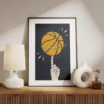 affiche avec illustration dune main faisant tourner un ballon de basket orange s meuble.webp