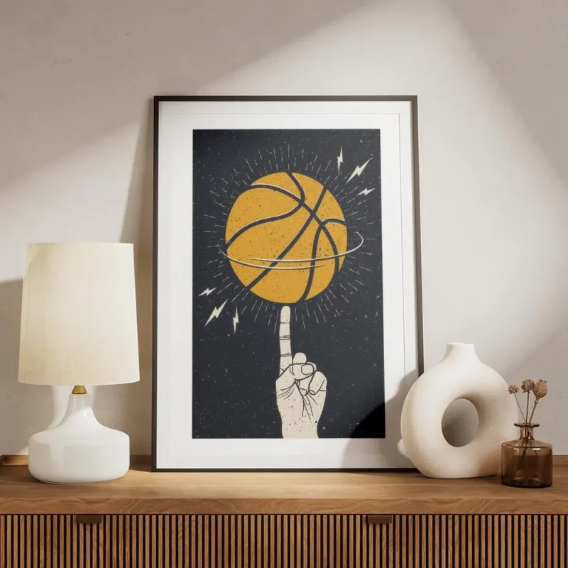 affiche avec illustration dune main faisant tourner un ballon de basket orange s meuble.webp
