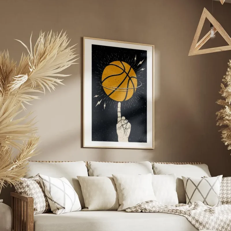 affiche avec illustration dune main faisant tourner un ballon de basket orange s salon.webp