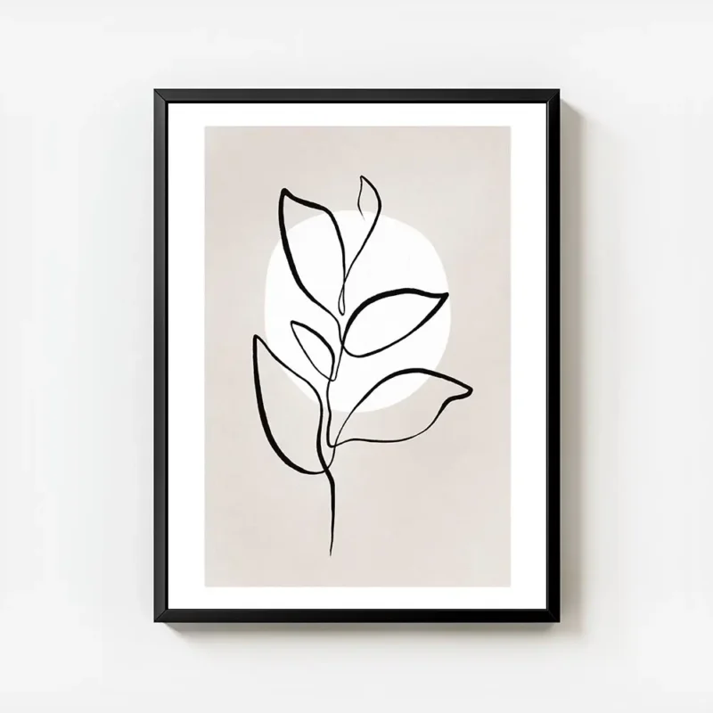 affiche avec illustration en line art dune feuille noire sur fond beige cercle b avec cadre.webp
