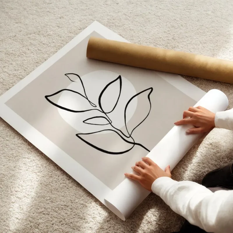 affiche avec illustration en line art dune feuille noire sur fond beige cercle b enroule.webp