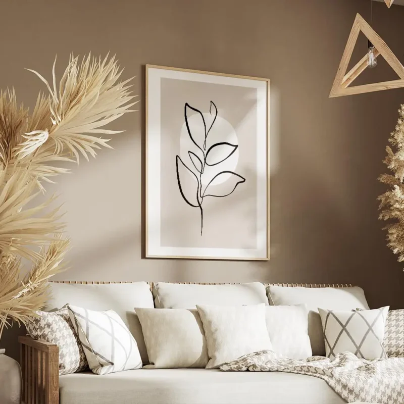 affiche avec illustration en line art dune feuille noire sur fond beige cercle b salon.webp