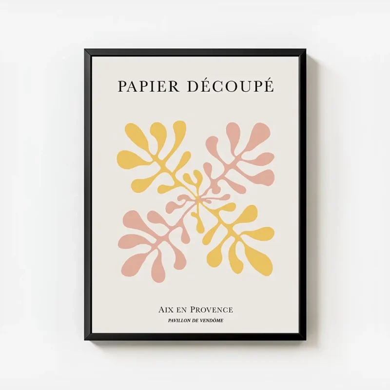 affiche avec illustration graphique de coraux abstraits rose et jaune sur fond b avec cadre.webp