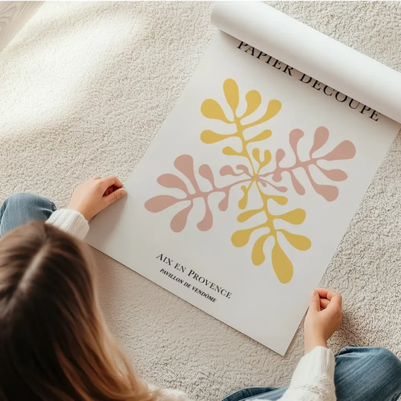 affiche avec illustration graphique de coraux abstraits rose et jaune sur fond b en rouleau.webp