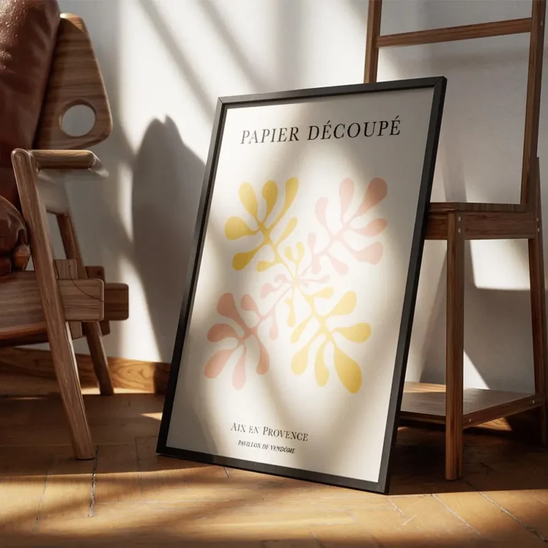 affiche avec illustration graphique de coraux abstraits rose et jaune sur fond b encadre.webp