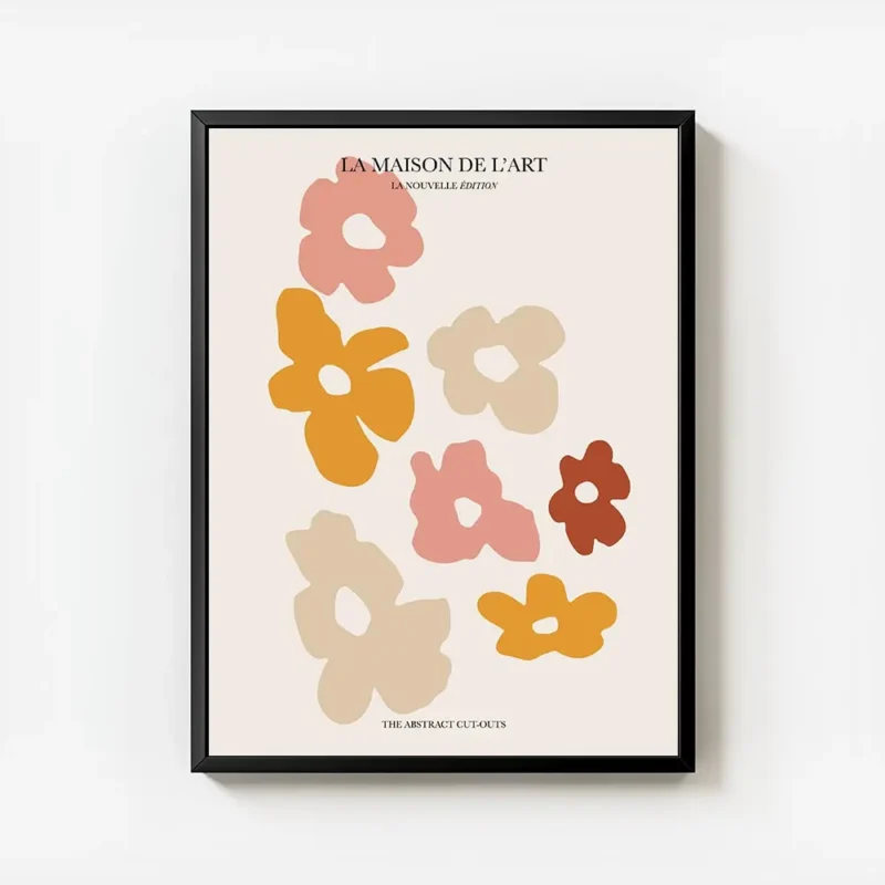 affiche avec illustration graphique de fleurs decoupees roses orange et beiges s avec cadre.webp