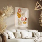 affiche avec illustration graphique de fleurs decoupees roses orange et beiges s salon.webp