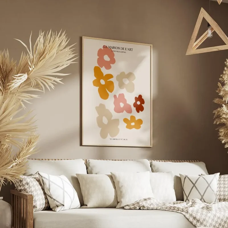 affiche avec illustration graphique de fleurs decoupees roses orange et beiges s salon.webp