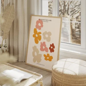 affiche avec illustration graphique de fleurs decoupees roses orange et beiges s salon beige.webp