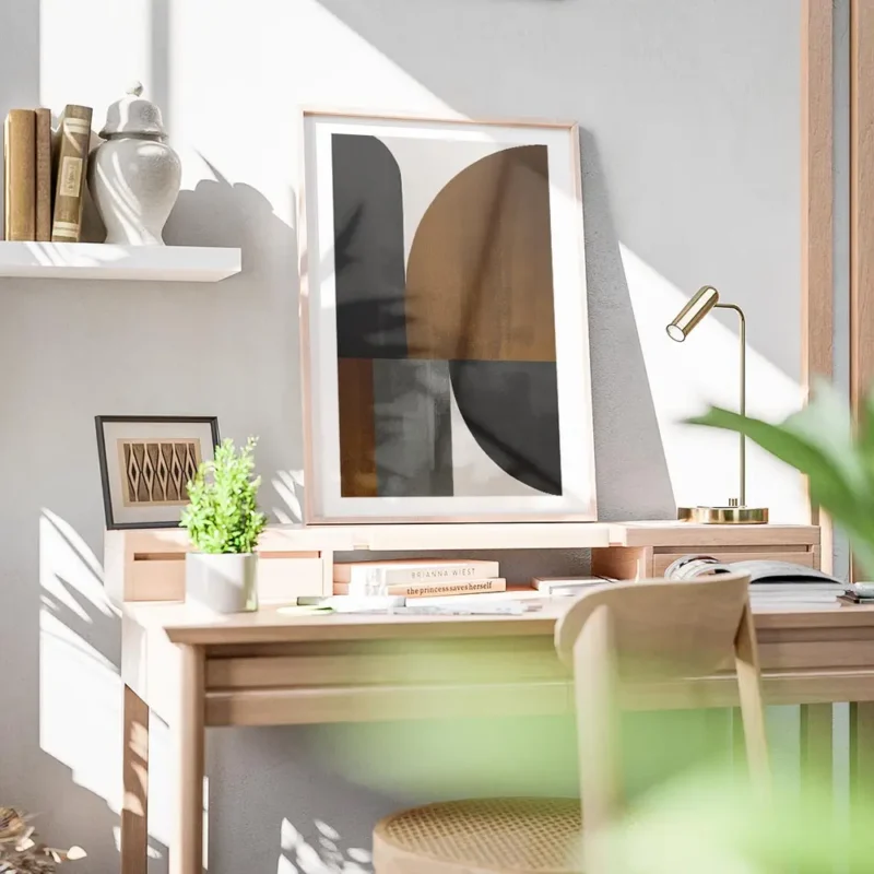 affiche avec illustration graphique de formes abstraites beige marron et noir a bureau.webp